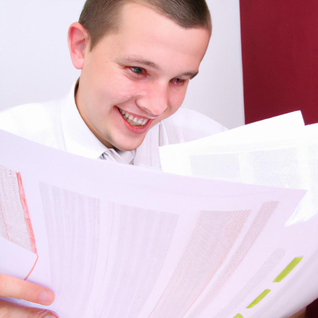 Person reading financial documents, smiling